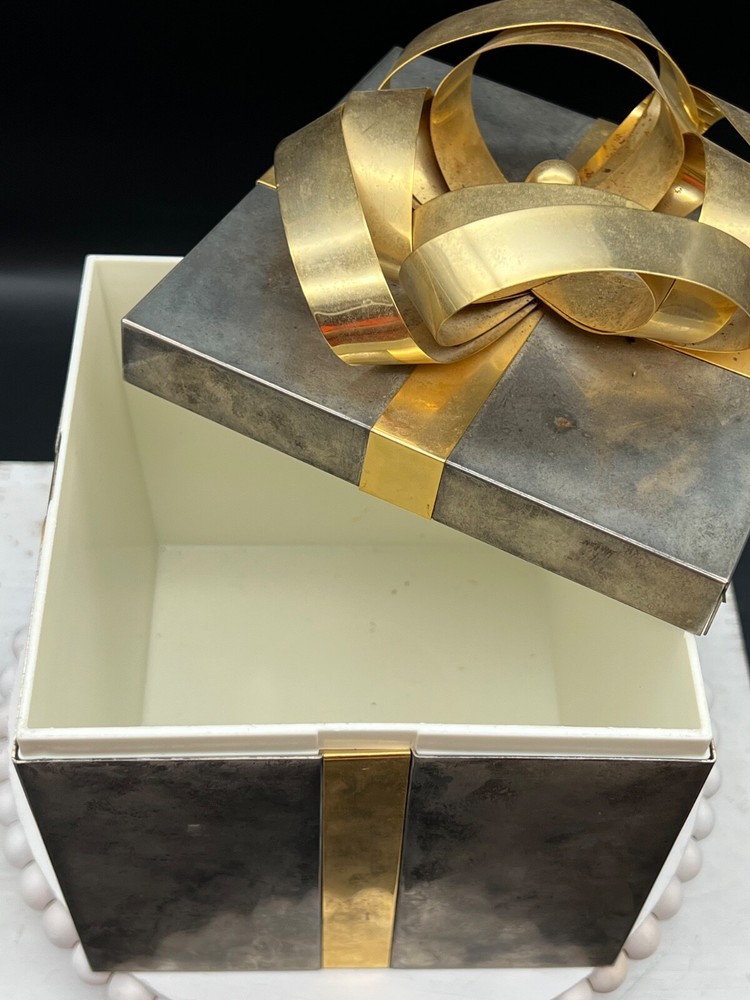Godinger Two Tone Medium Present Box 6" Square 8"H with Bow Tarnished