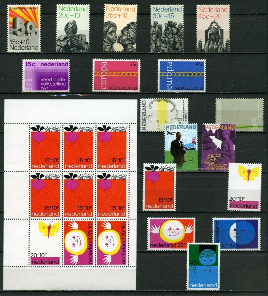 Netherlands, 1971 complete year set, 17stamps plus SS, MNH