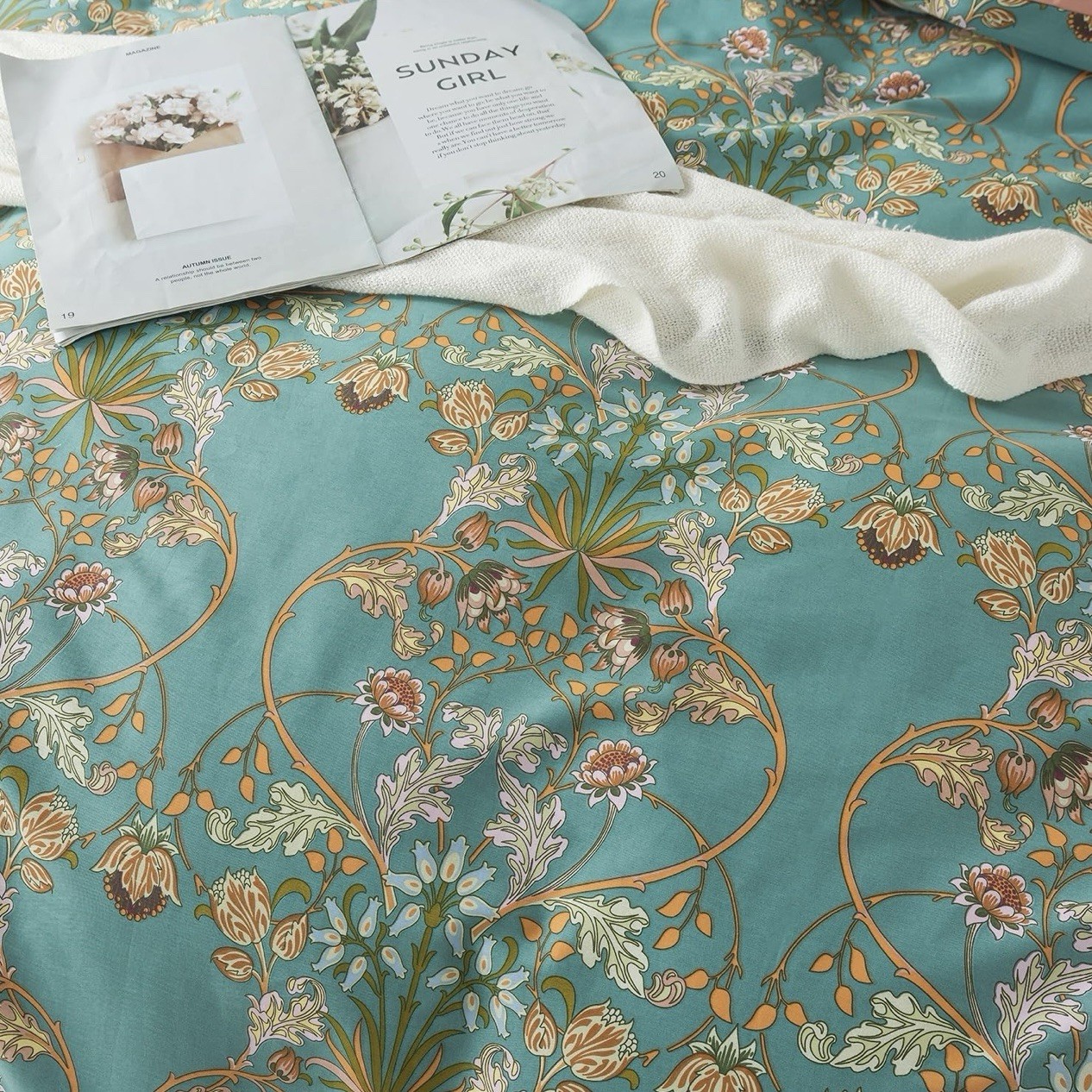 NEW Anthro Green Pink Reversible Floral King Boho Duvet Bedding Sham Case Set