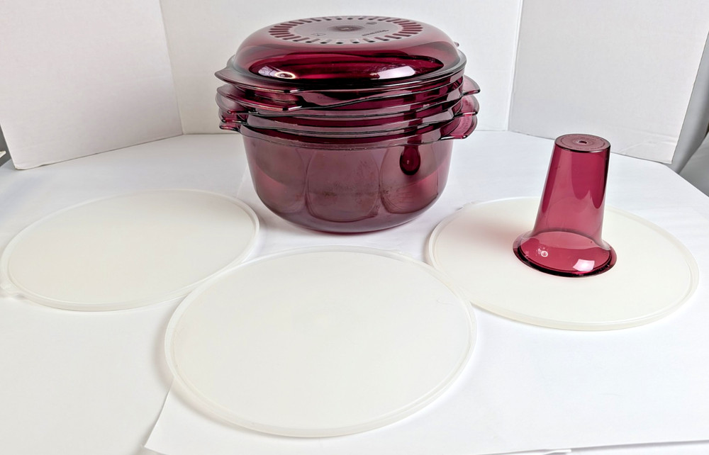Tupperware Microwave Steamer Stack Cooker 9 Pc Set Cranberry Chimney Complete