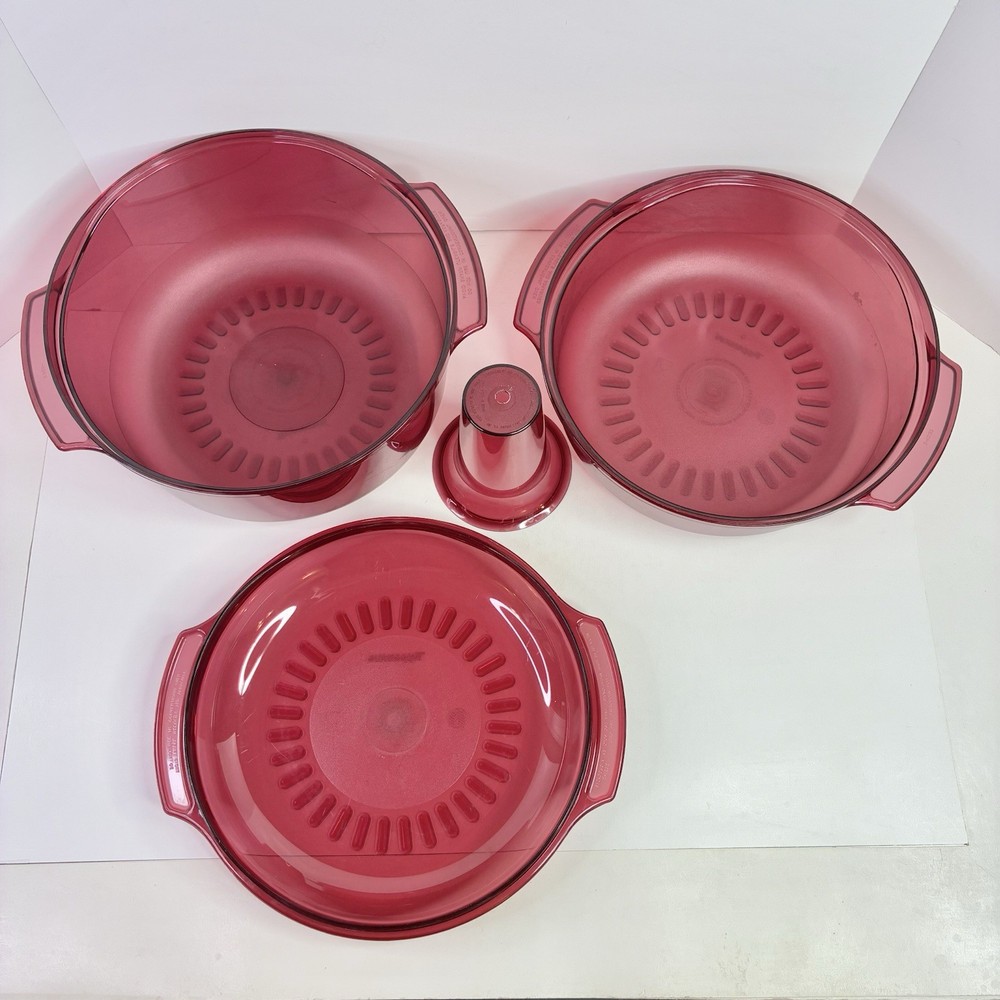 4 pc Tupperware Microwave Stack Cooker/Steamer Cranberry USA VTG *READ*