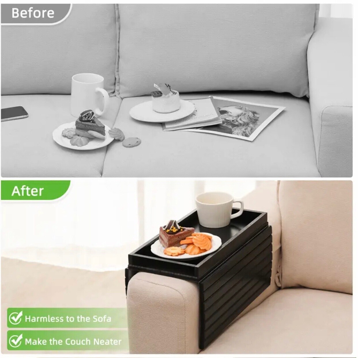 Sofa Arm Tray Anti-Slip Bamboo Sofa Tray Table for Couch,Couch Cup Holder