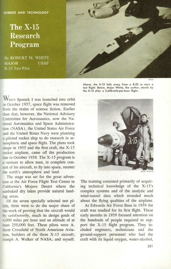 X-15 AIRCRAFT & RESEARCH PROGRAM (MAJOR ROBERT M. WHITE, USAF) 1963 BOOK SECTION