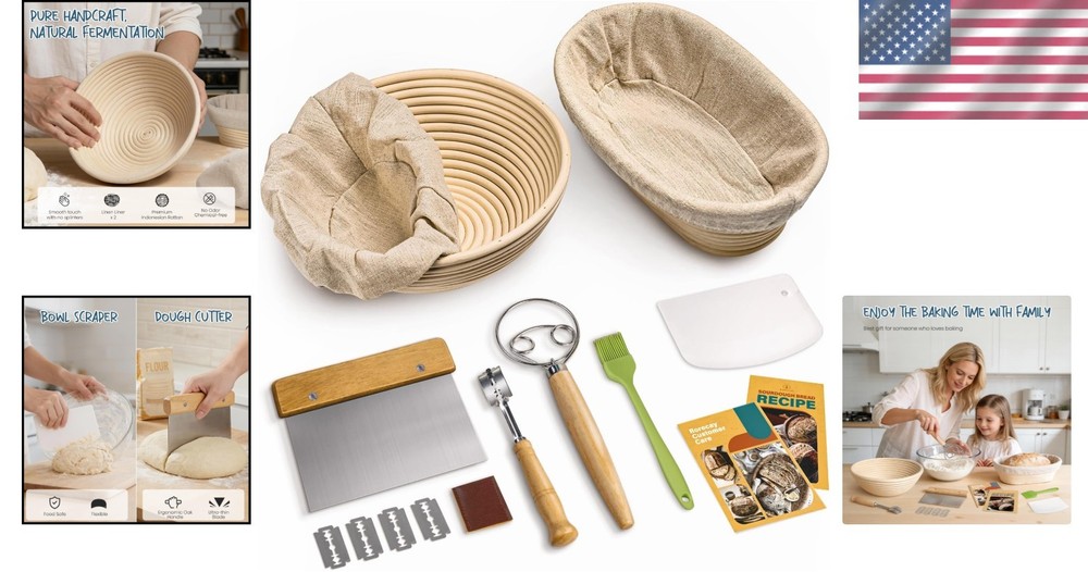 Complete Bread Proofing Set - Round and Oval Rattan Baskets with Essential Tools