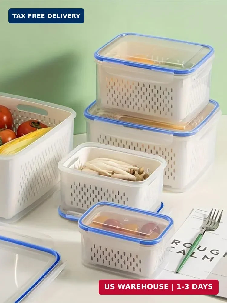 2 Pcs Fruit Storage Containers for Fridge,with Removable Colanders and Lid Food