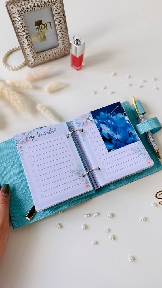 Mint blue leather planner-wallet cover A7 binder. Handmade gift.
