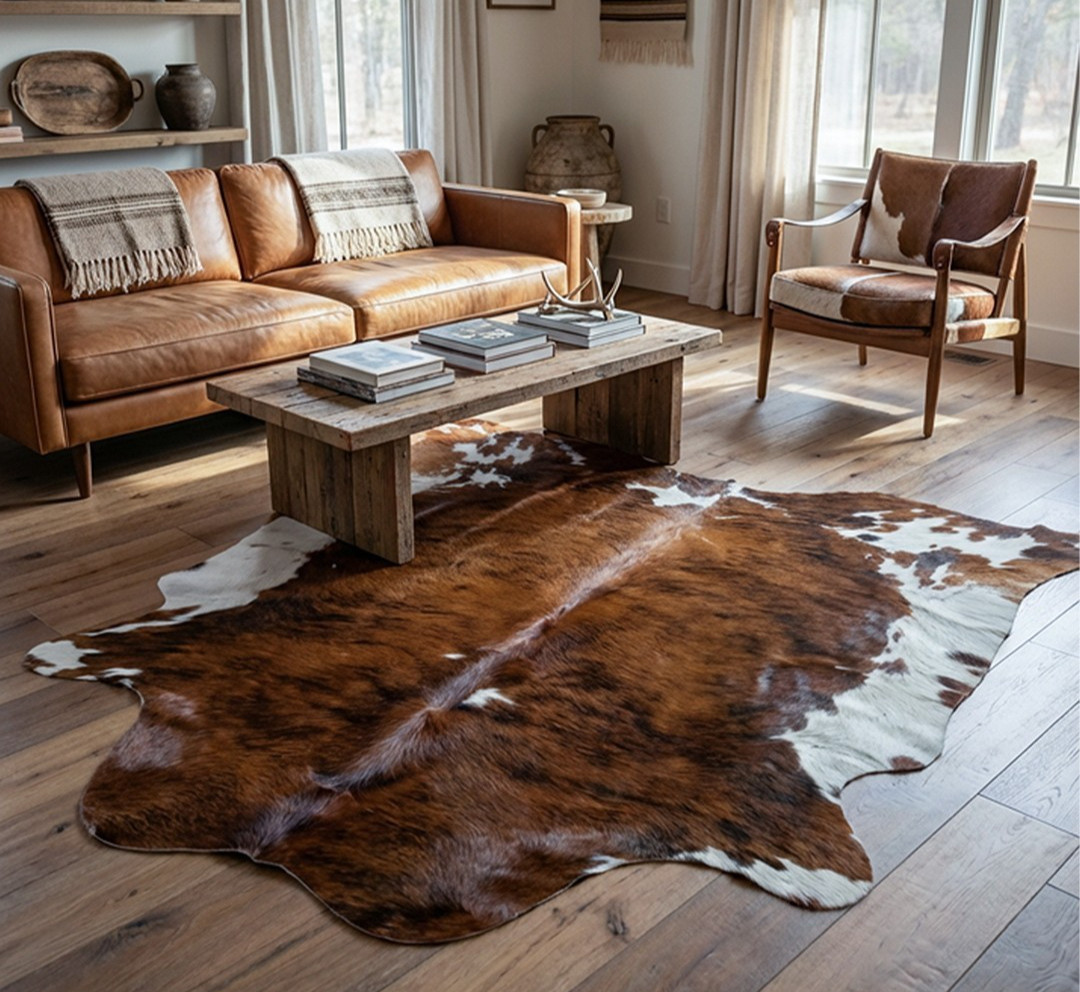 Real Cowhide Rug Brindle Tricolor White Belly - Size 6x7-8’