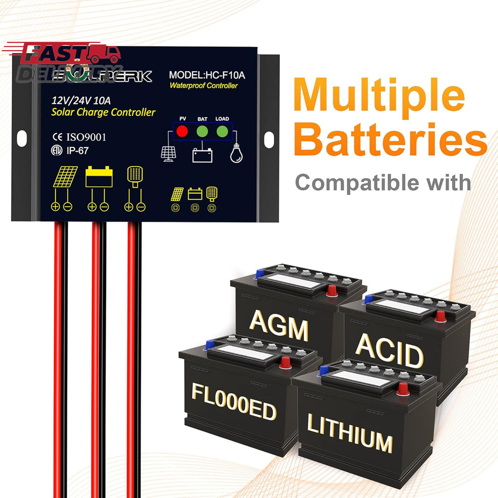 SOLPERK 10A Solar Charge Controller Waterproof Solar Panel Controller 12V/24V PW