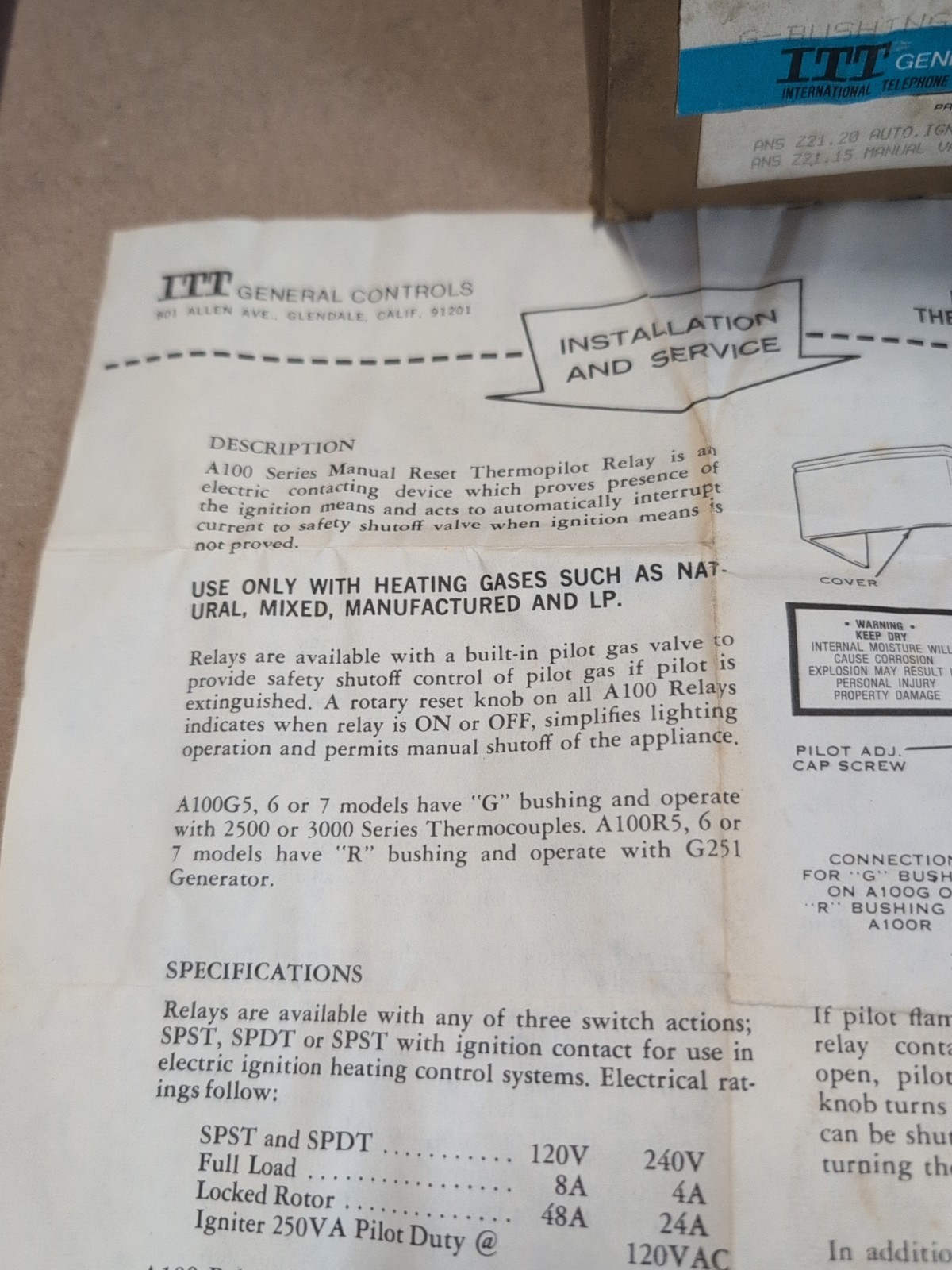 ITT General Controls, Thermopilot Relay, Manual Reset, SPST, A100G543
