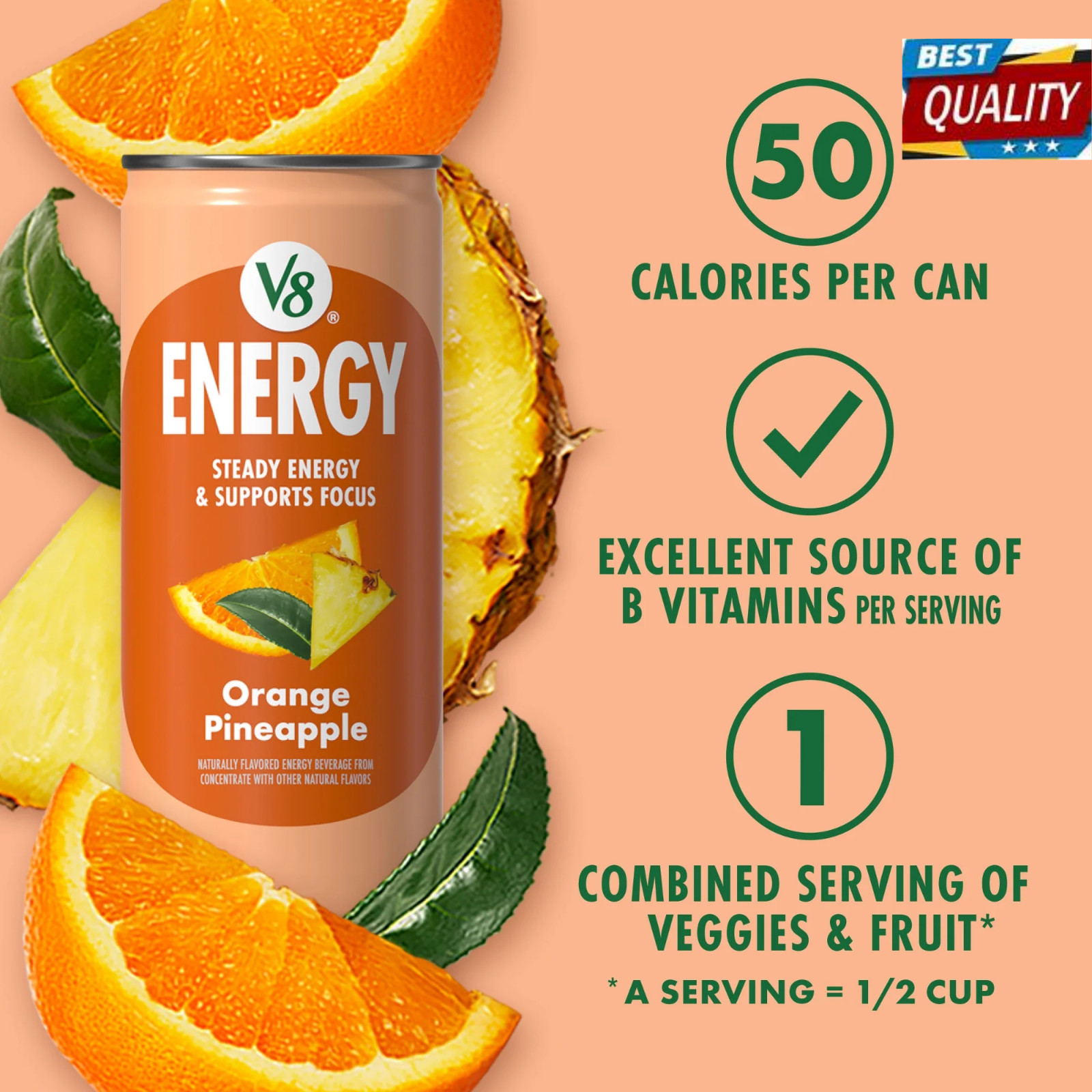V8 Energy Orange Pineapple Energy Drink, 8 fl oz Can, 12 Pack