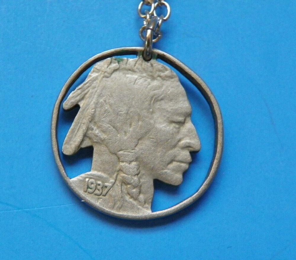 1937 ORIGINAL CUT OUT U.S. FIVE CENT NICKEL WITH 20" CHAIN