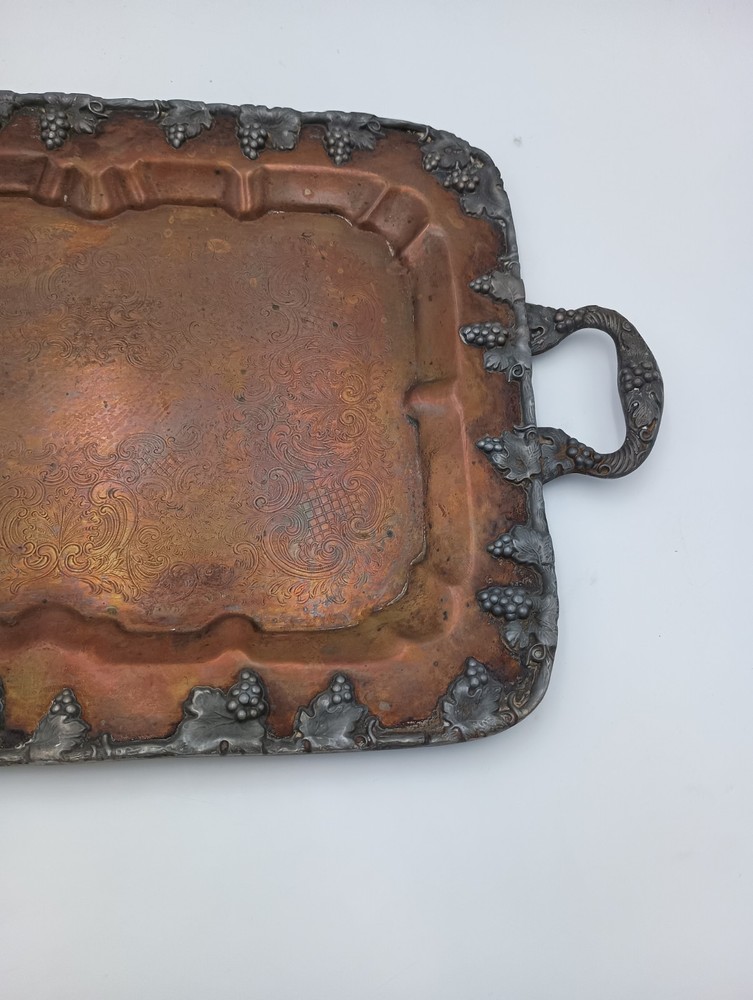 Antique Copper Handled Serving Tray Grapevine