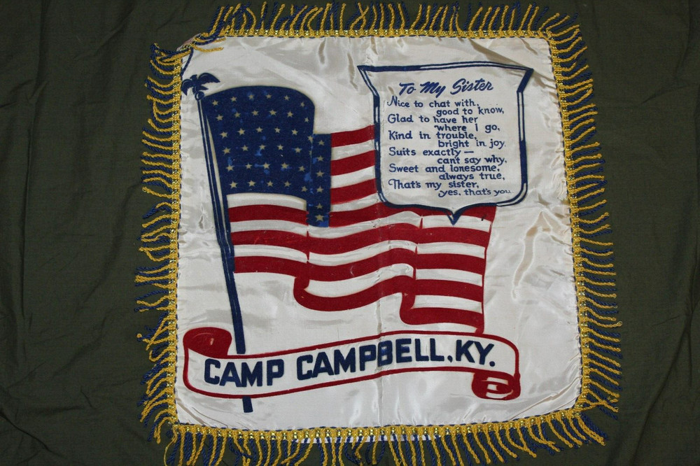 Original WW2 U.S. Army Camp Campbell KY "Sister" (U.S. Flag) Cloth Pillow Cover