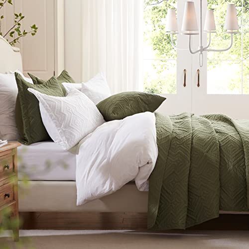 Full/Queen Soft Microfiber Olive Green Bedspread Warm Bedding Quilt Sets