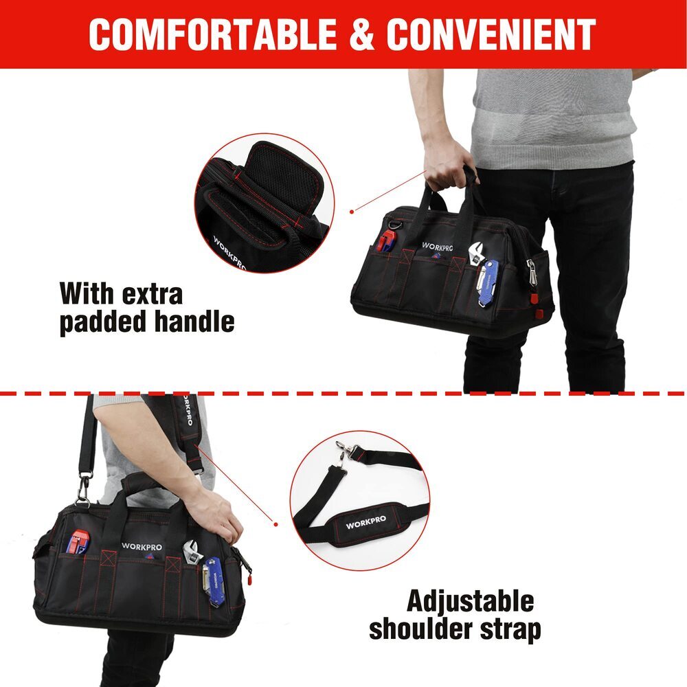 WORKPRO 16" Zipper Wide Mouth Tool Storage Bag Case Large Capacity w/21 Pockets