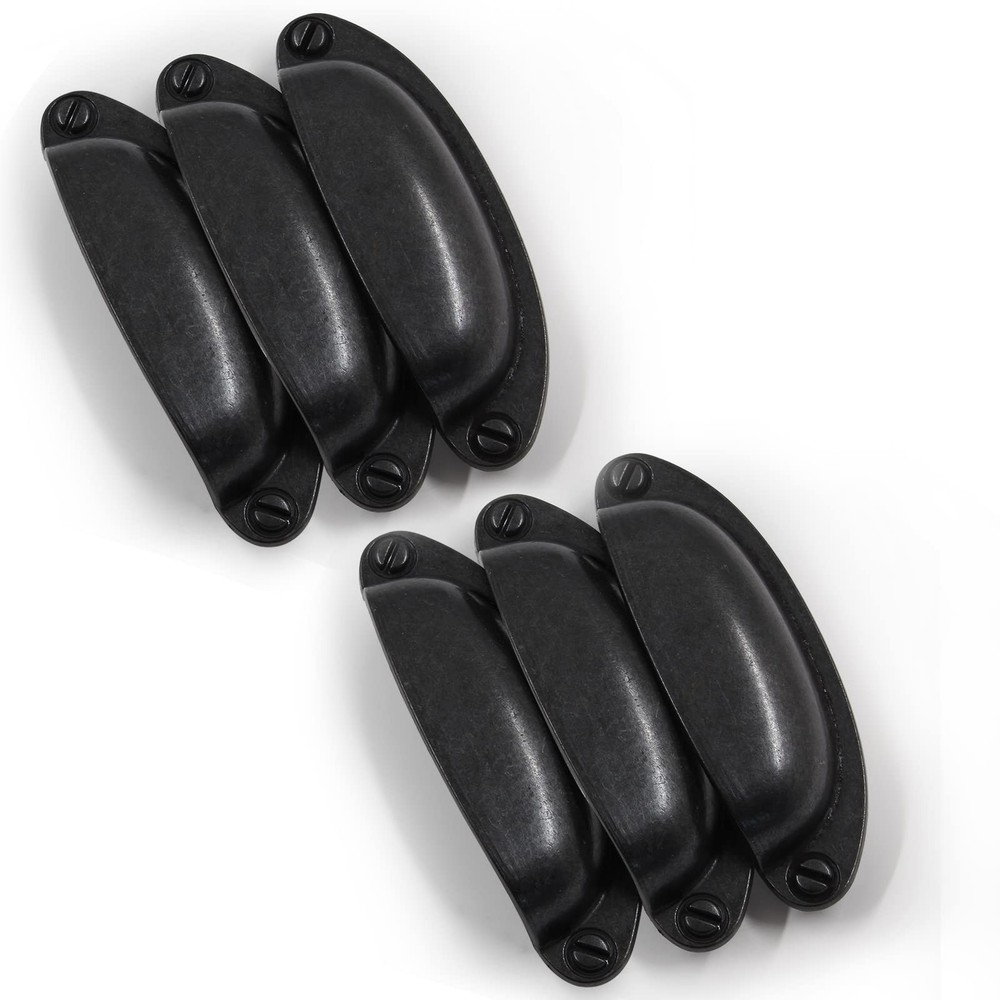 6PCS Black Drawer Pulls, 3.5" Hole Center Cabinet Cup Pull, Vintage Shell Metal