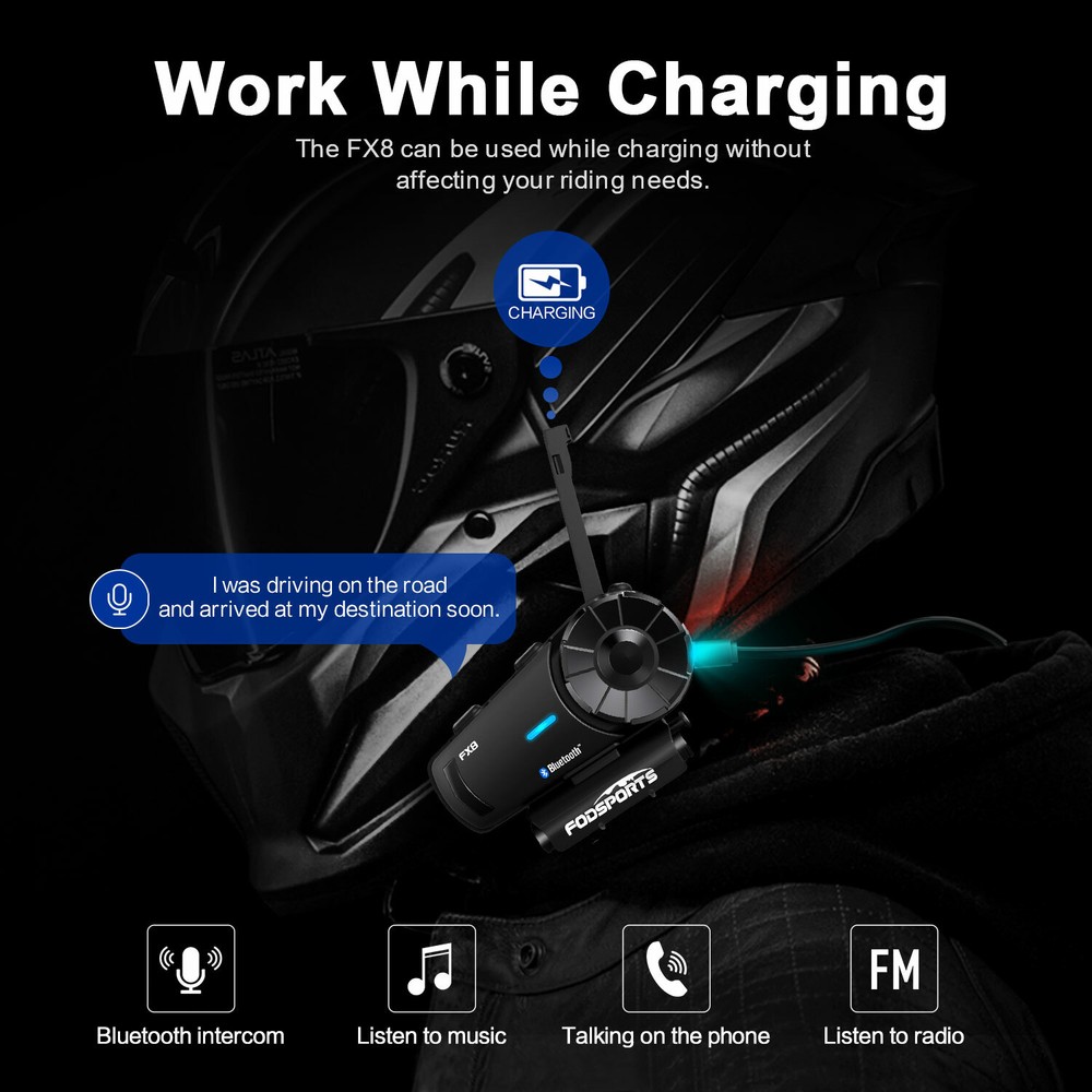 FX8 Motorcycle Helmet Intercom Intercom Bluetooth Rider Headset 2000M FM