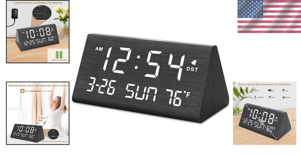 Versatile USB Wooden Alarm Clock with Adjustable Volume & Brightness Control