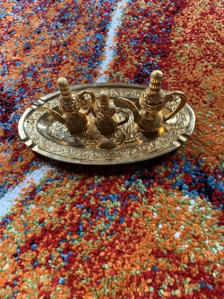 Antique Mini Brass Dalah Set 3 pitchers different sizes & decorative tray