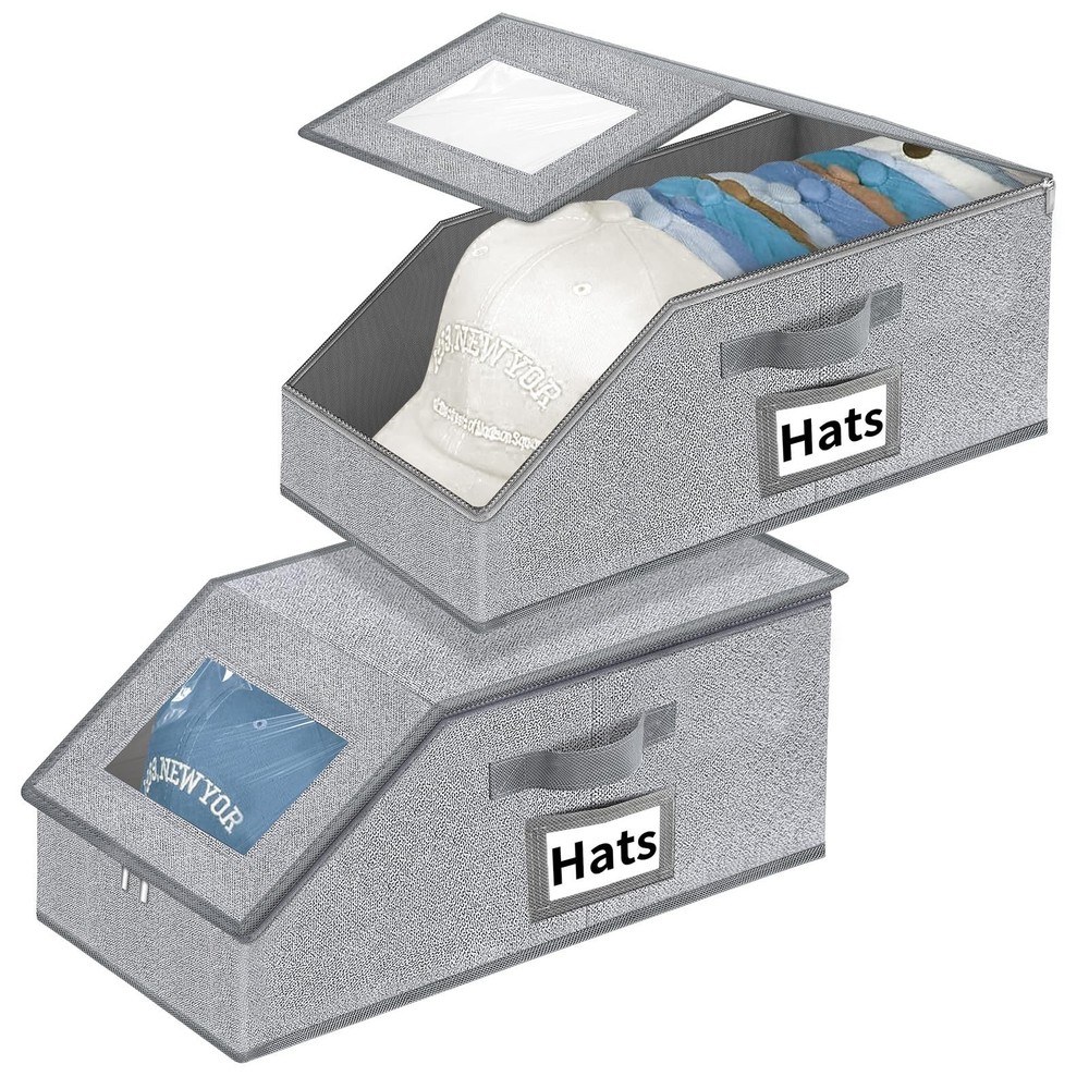Hat Organizer for Baseball Caps - 2PCS Stackable Storage with Clear Lid, Draw...