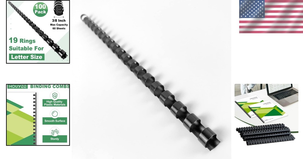 100 Pack Black Plastic Binding Comb 3/8 Inch, 60 Sheet Capacity for Documents