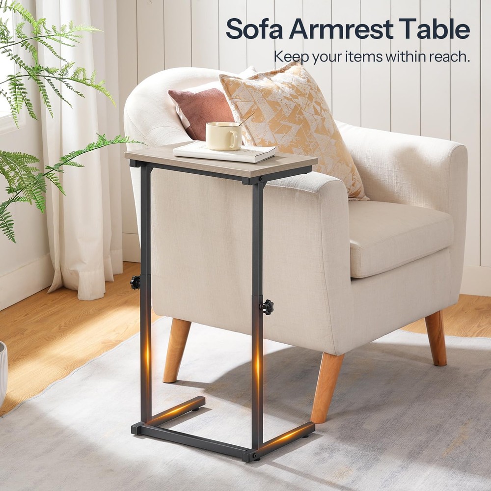C Shaped End Table, Adjustable Height Side Table for Sofa, Couch Table for Sm...