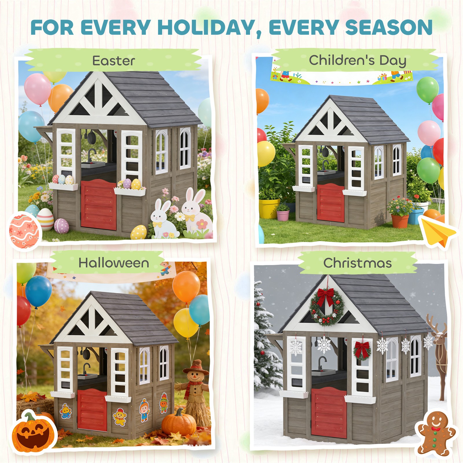 Qaba Outdoor Playhouse with Dog Door, Flower Box, Cookware for Backyard