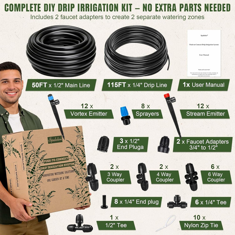 Drip Irrigation System Push-To-Connect Garden Watering System Kit for Raised Bed