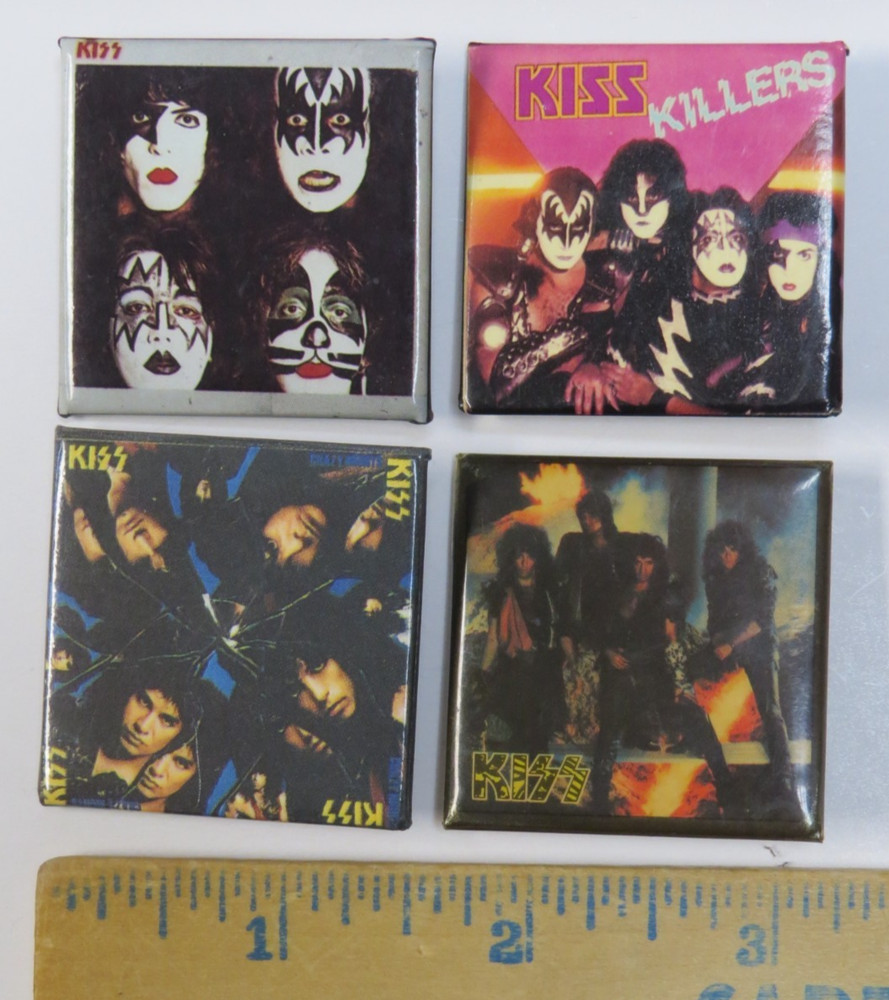 KISS VINTAGE 1980's SQUARE BUTTONS FROM CANADA - LOT OF 4 GROUP SET #11