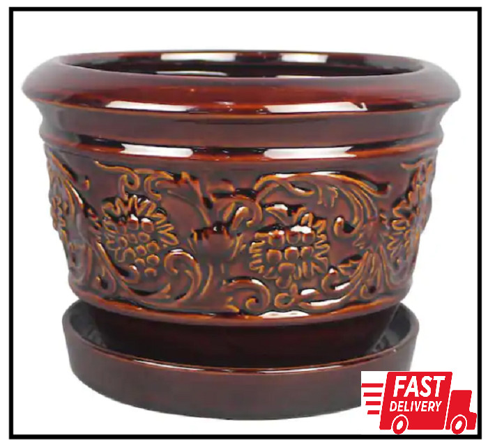 8 In. Dia Brown Rustic Damask Ceramic Planter