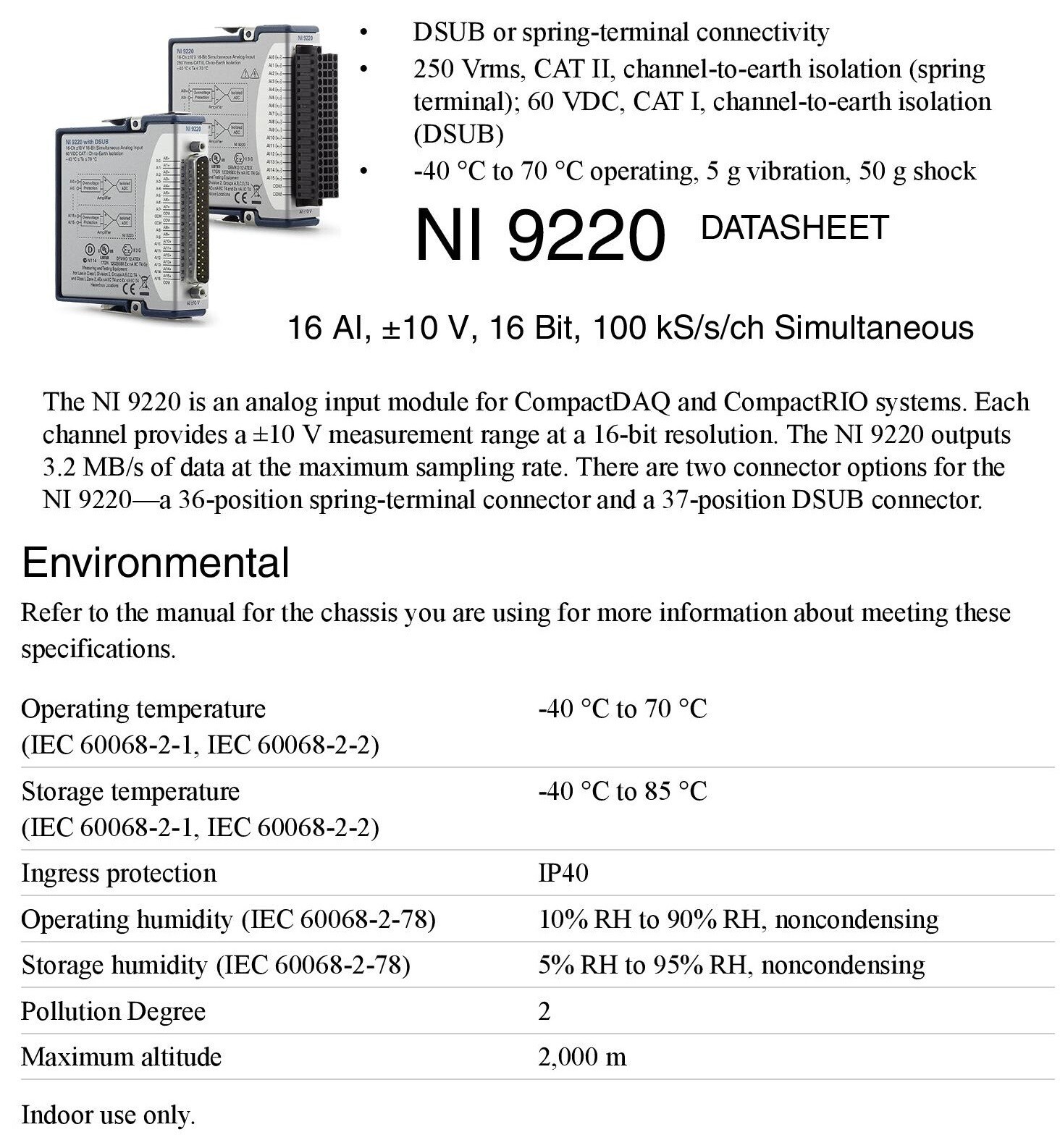 NI 9220 16 AI ±10 V 16 Bit 100 kS/s analog input module CompactDAQ Spring Termin