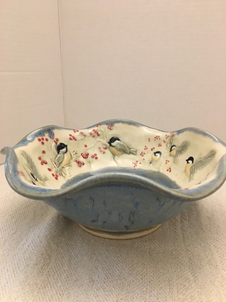 Jen Stein Art Pottery Bowl Decor Piece Chickadee Pattern