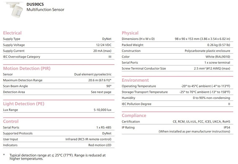 Philips Dynalite DUS90CS Wall/ceiling Mount 90° Multifunction Sensor