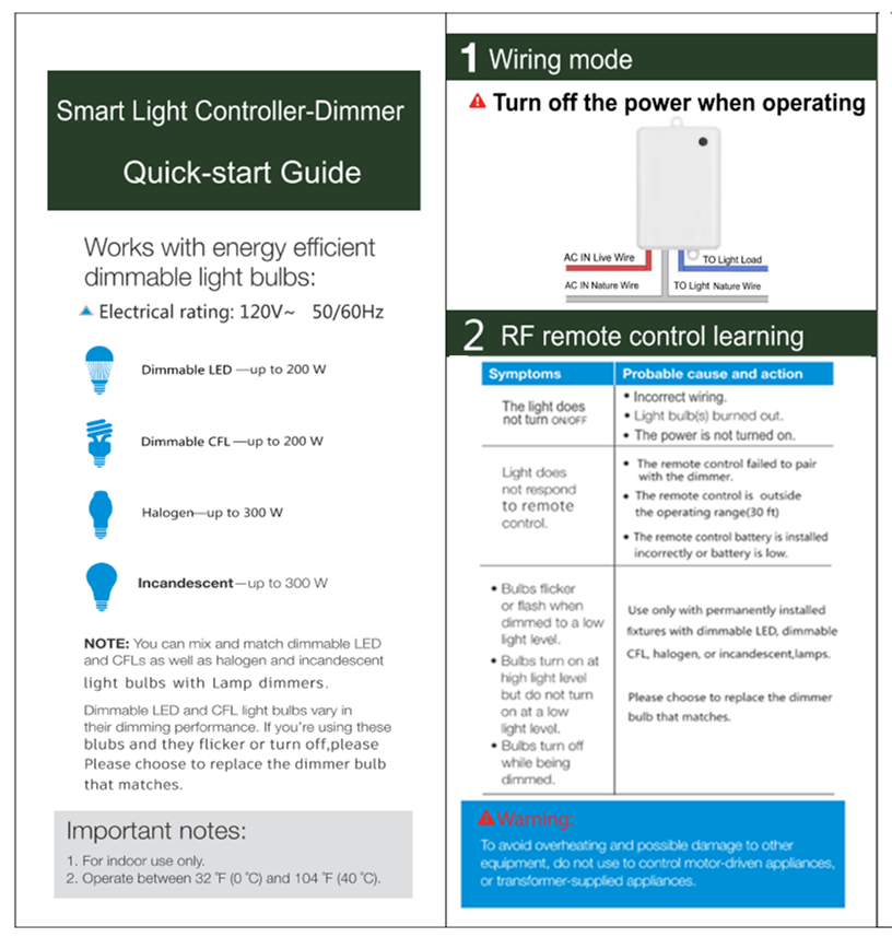 Wireless Dimmer Switch and Receiver Kit, NO Wiring,100 FT Remote Control
