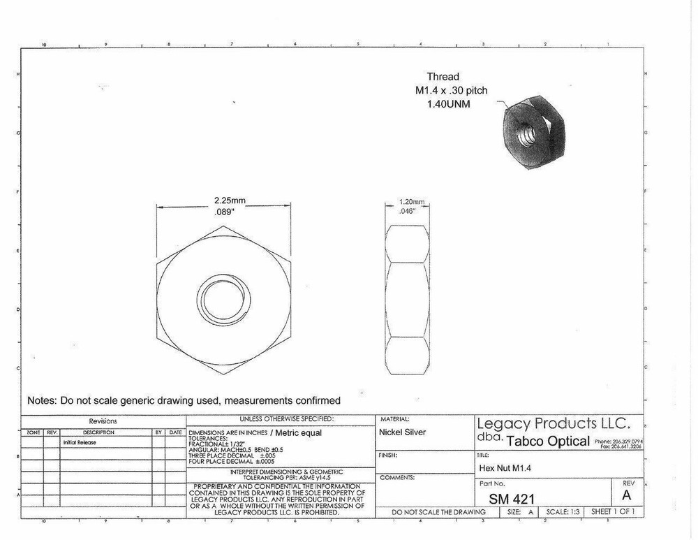 SM421 Hex Nuts; 1.4mm Thread NS 100 count