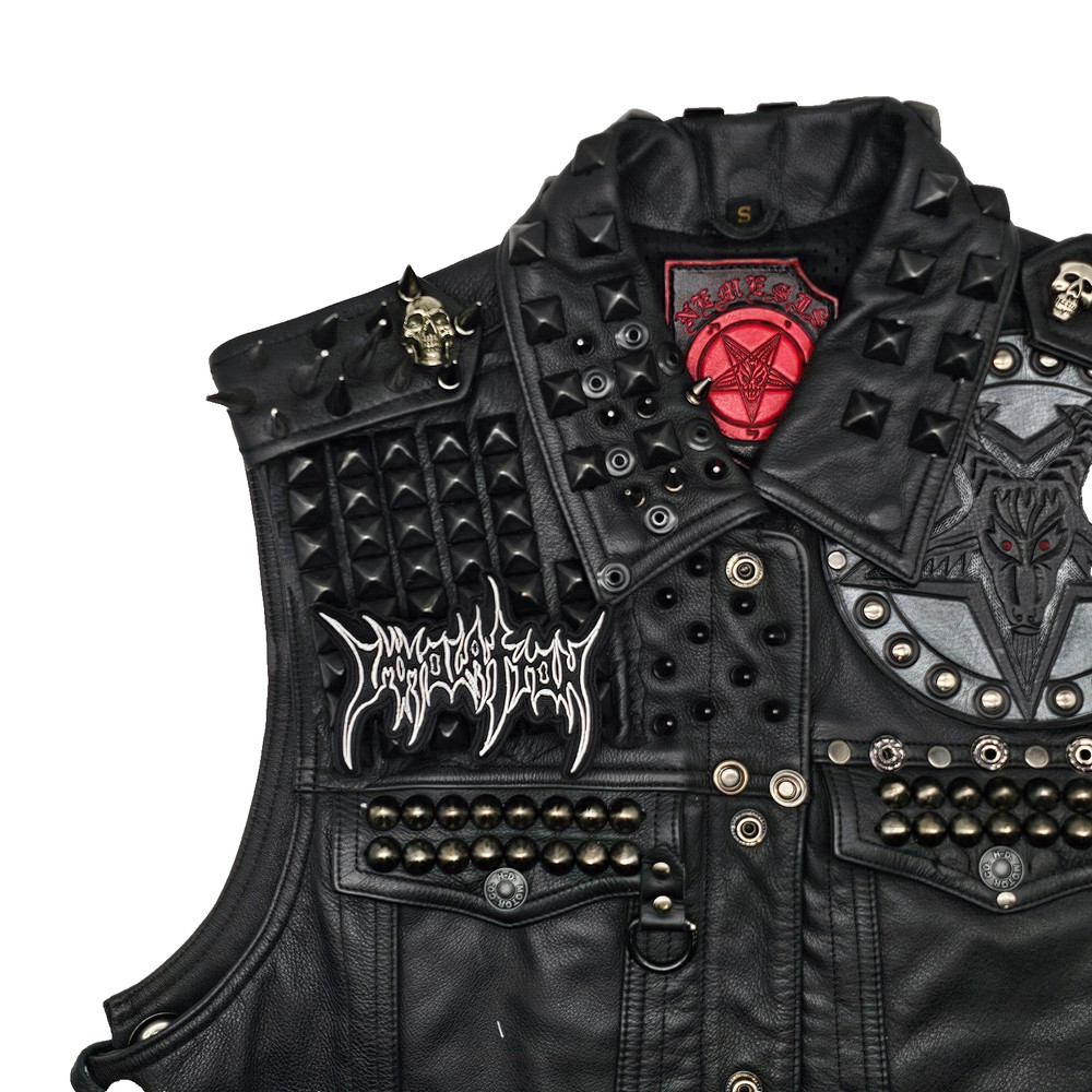 IMMOLATION WHITE OUTLINE LOGO (shaped border) EMBROIDERED PATCH