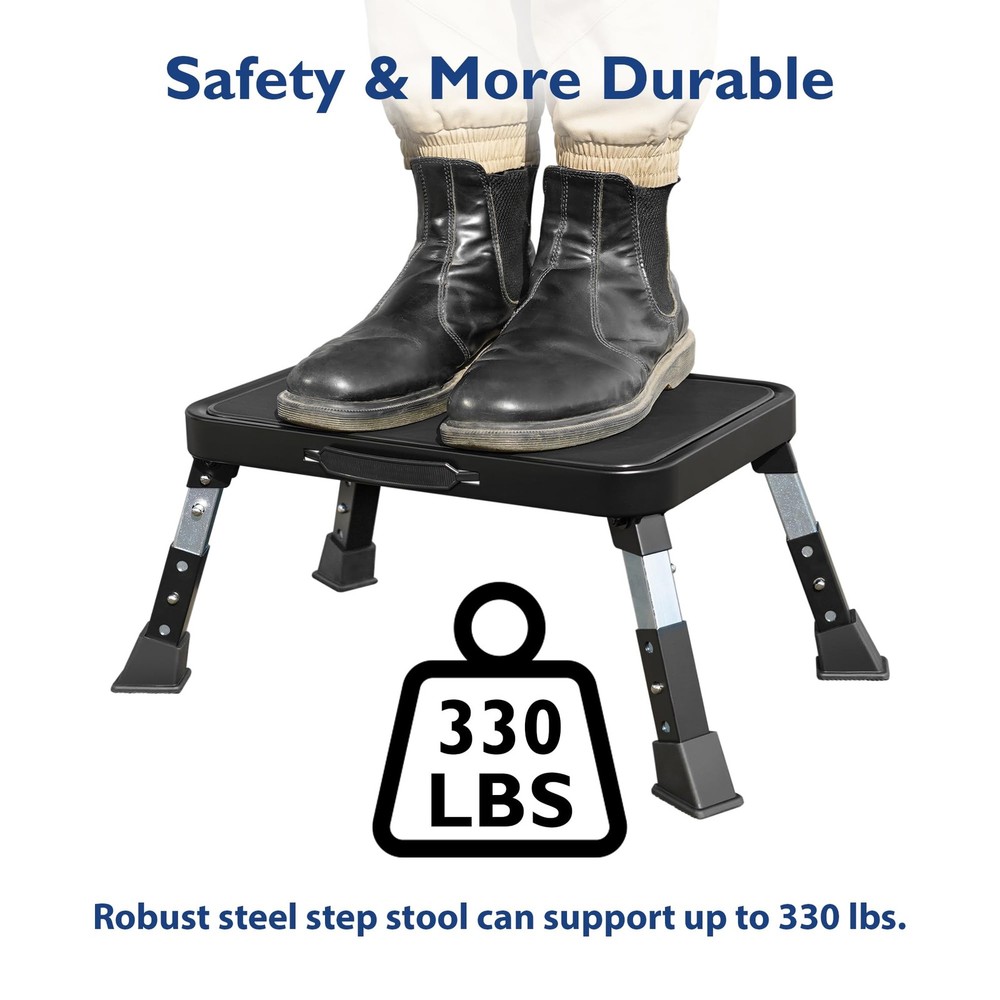 BONTEC Folding Step Stool, 3-Level Adjustable Metal 6.3-8.3 inch, Black