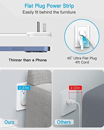 "Flat Multi Plug Extender with 3 USB Ports, 4 Outlet Surge Protector, 4ft Cord"