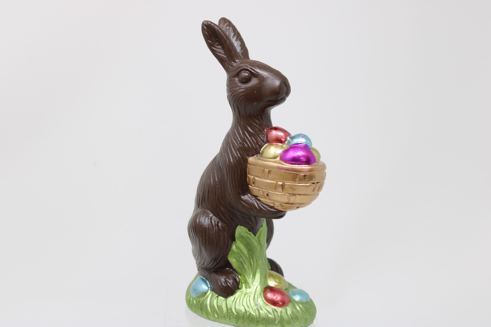 Faux Chocolate Tabletop Easter Decor Bunny Rabbit Holding Basket of Eggs 8"