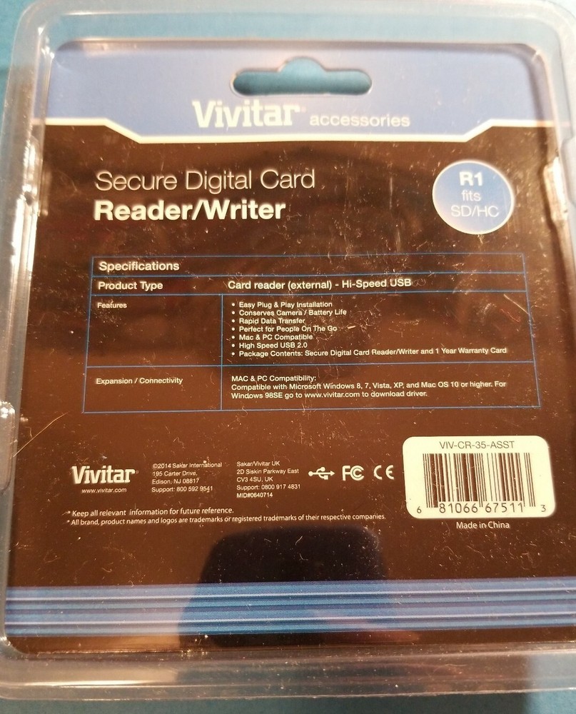 Vivitar Secure Digital Card Reader/ Writer VIV-CR-35 MAC & PC Compatible Blue