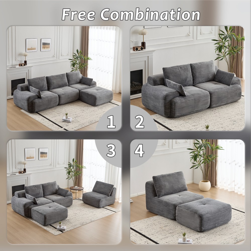 Large Modular Cloud Sofa w/ Memory Foam Corduroy Fabric Grey