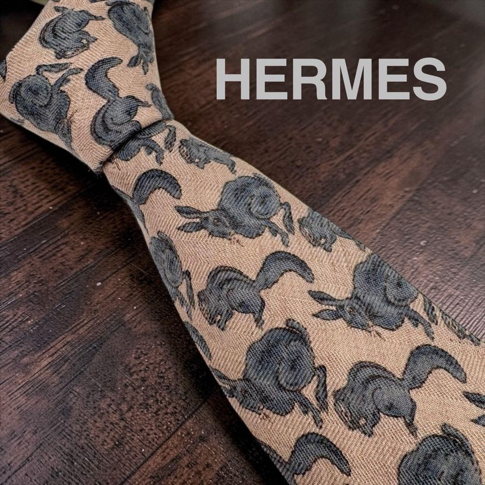 Hermes Necktie Rabbit Squirrel Pattern Slim All-over Design Used