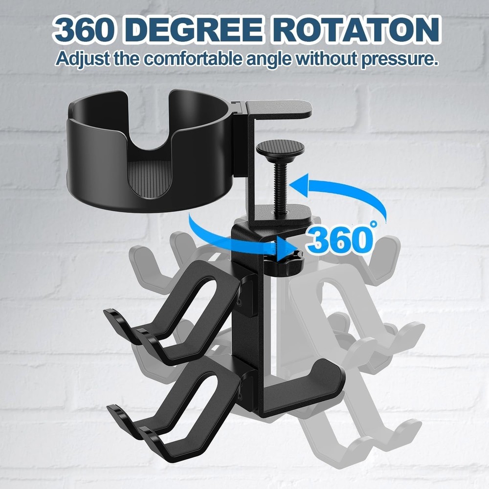 Universal Adjustable Cup Holder with Rotating Arm for Headphones & Controllers