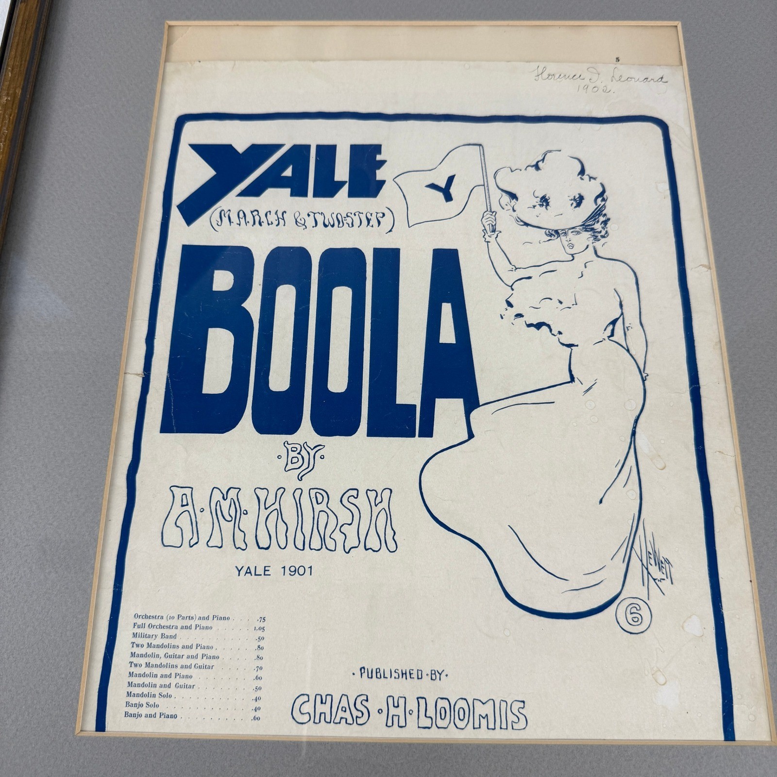 Antique 1901 Yale Boola Framed Sheet Music Art Nouveau Ivy Decor Music Office
