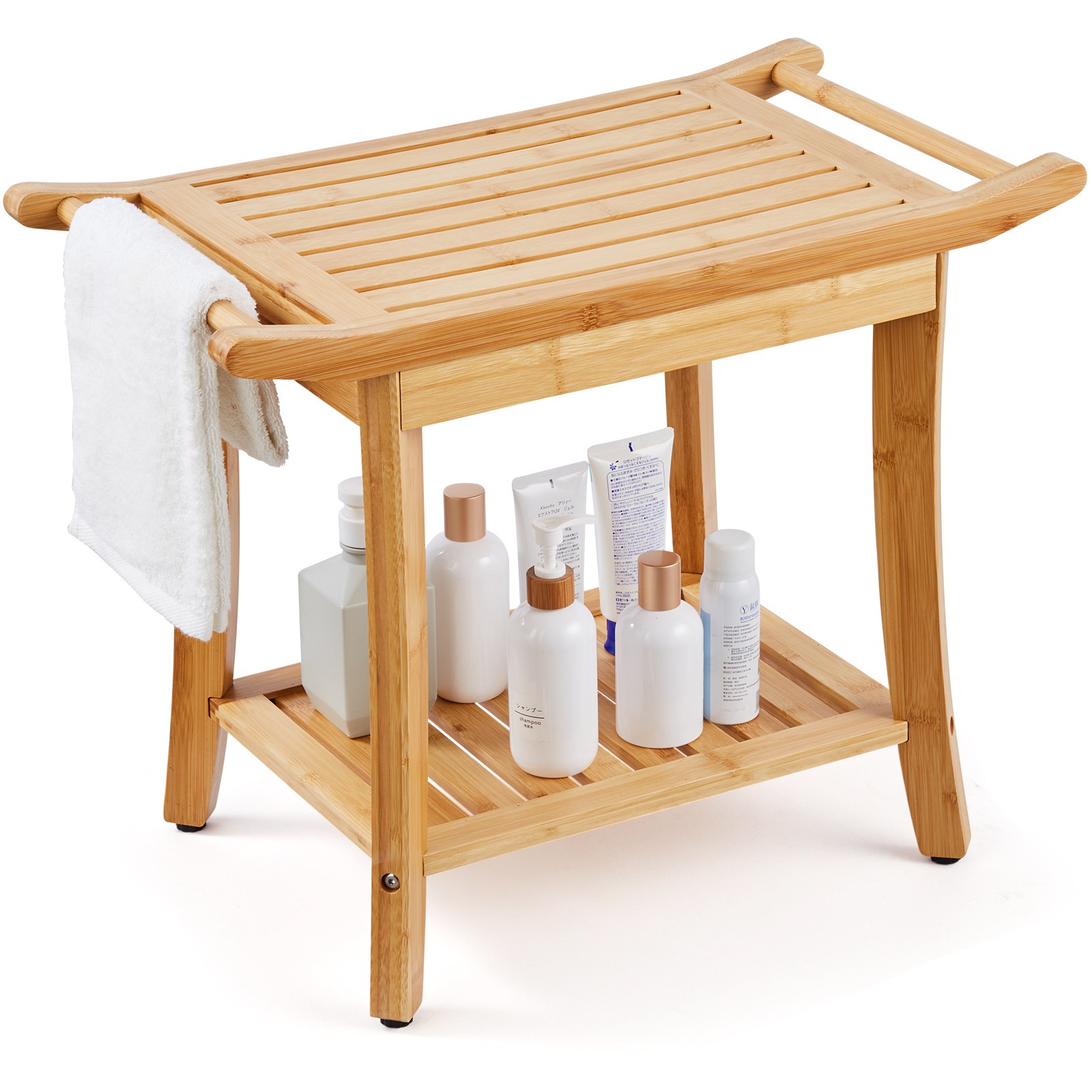 Bamboo Shower Bench 24 x 13.8 x 18.9 in Shower Stool Chair w/Storage Shelf
