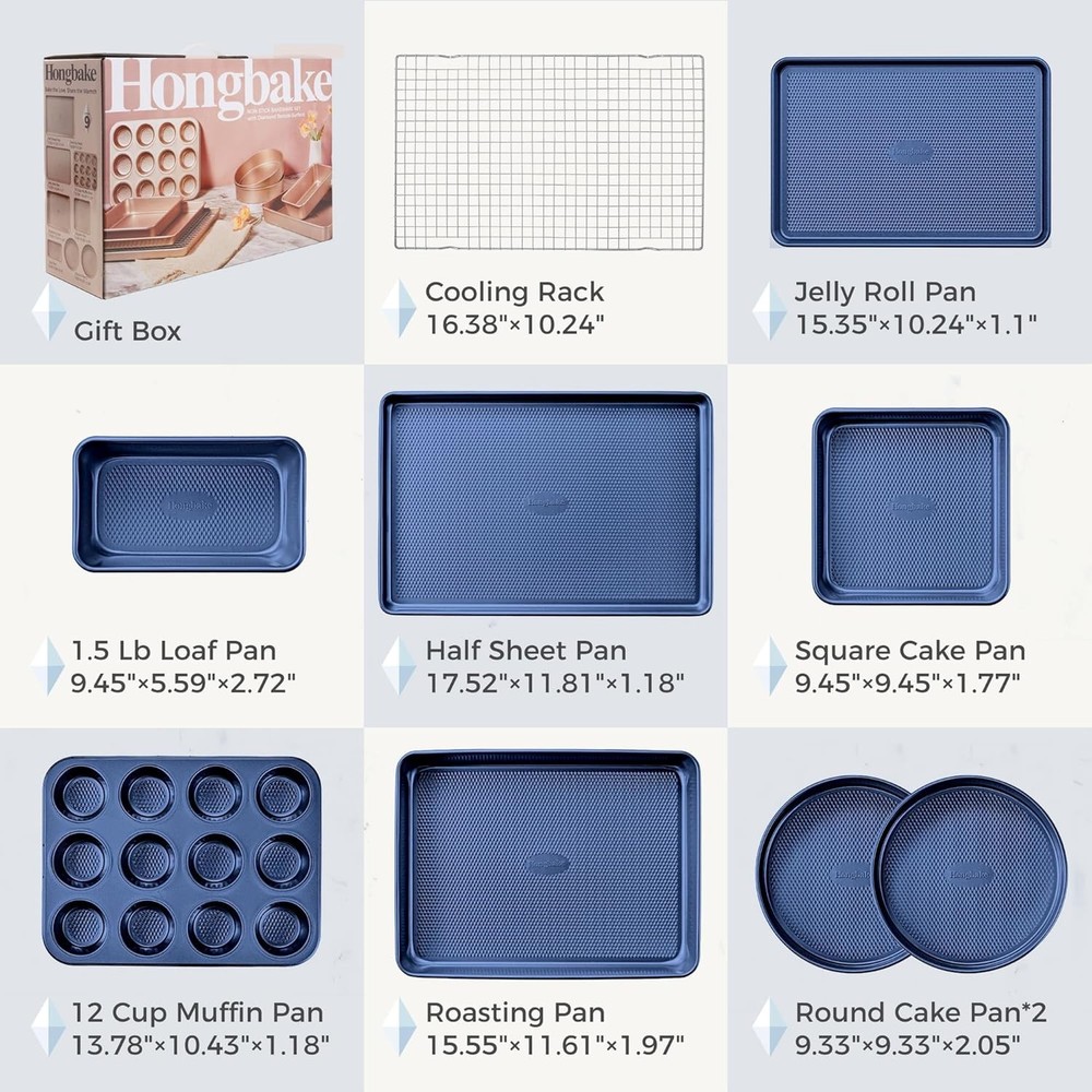 9 Piece Baking Pans Set Nonstick Stackable Non Toxic Bakeware Set Sapphire Blue
