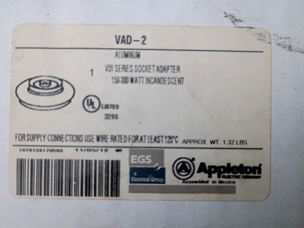 Appleton VAD-2 Fixture Adapter Socket Assembly