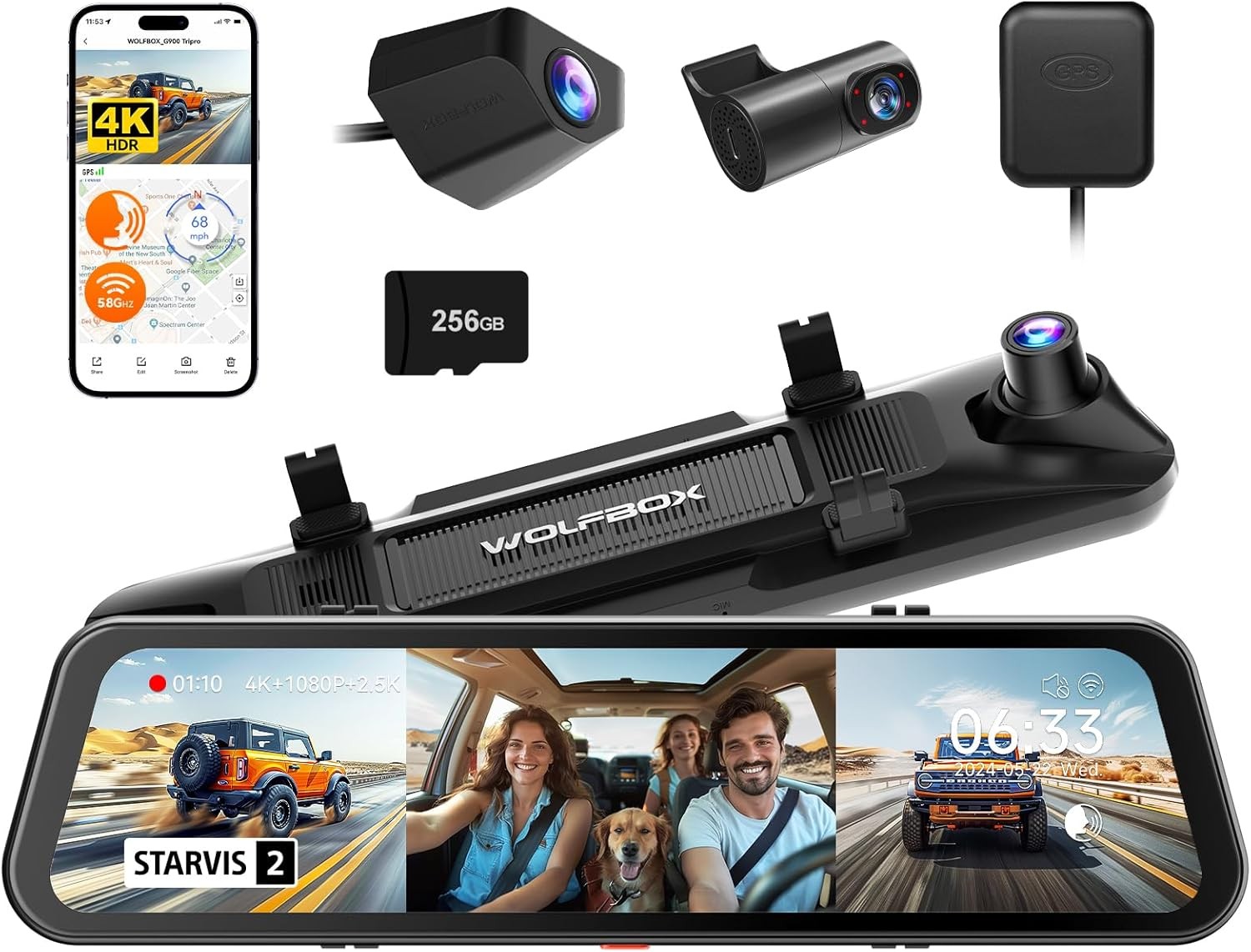 WOLFBOX 3 Channel G900 Tripro 4K Dash Cam Cabin STARVIS 2 IMX678, Wifi & GPS