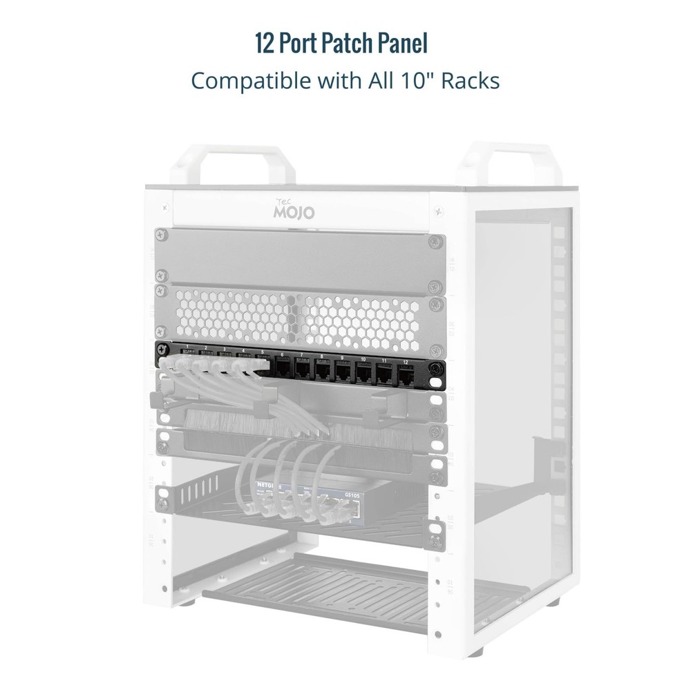 12-Port Cat6 Patch Panel 0.5U Rack Mount Keystone Coupler 10" Server Black