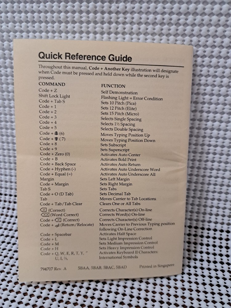 Quick Reference Manual, Smith Corona Sterling & Enterprise Electronic Typewriter